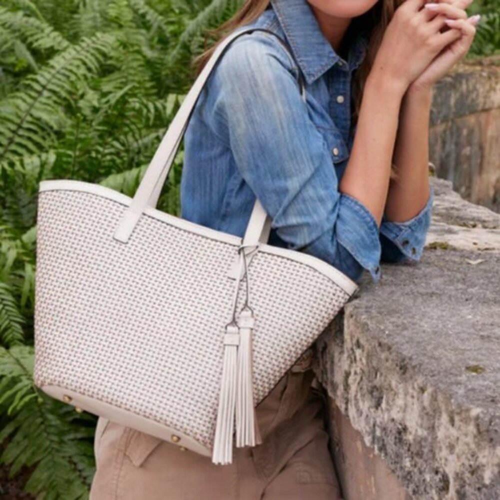Patricia Nash Marconia Tote Woven Leather Latte Dark White Handbag - Picture 15 of 16